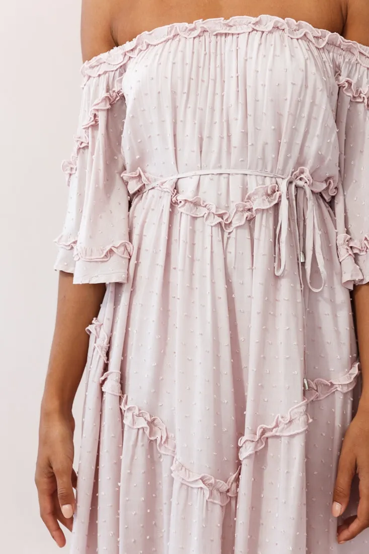 Renoir Off-Shoulder Frill Trim Midi Dress Mauve