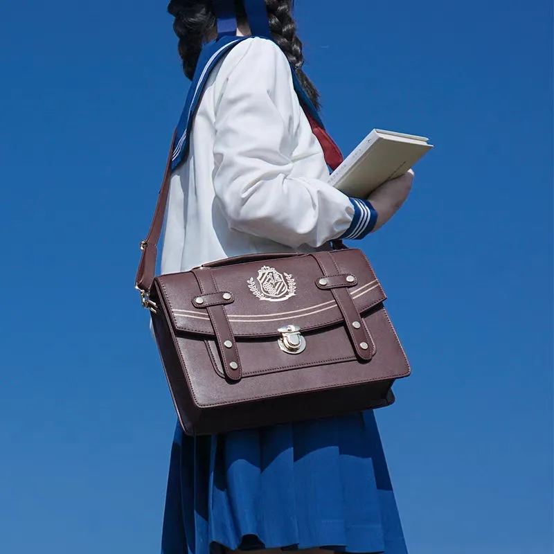 Retro Vintage Student Brown Black Leather Golden Button Crest Academia School College Briefcase Bag