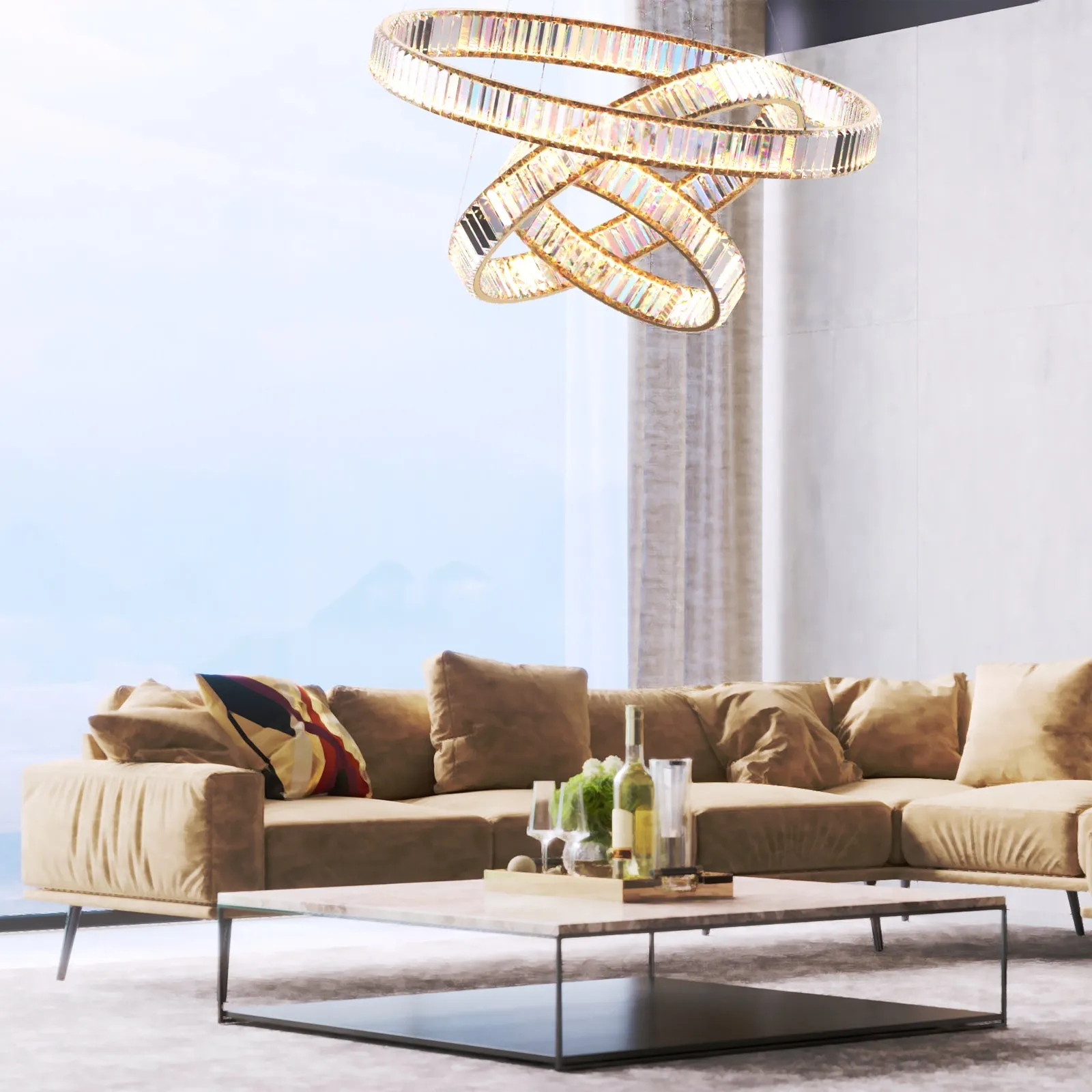 RING 3 Layers Modern Style Round Crystal Chandelier Pendant Light Tri-color