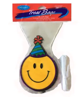 Smiley Face Shaped Cello Treat Birthday Party Bags with Ties 20 CT