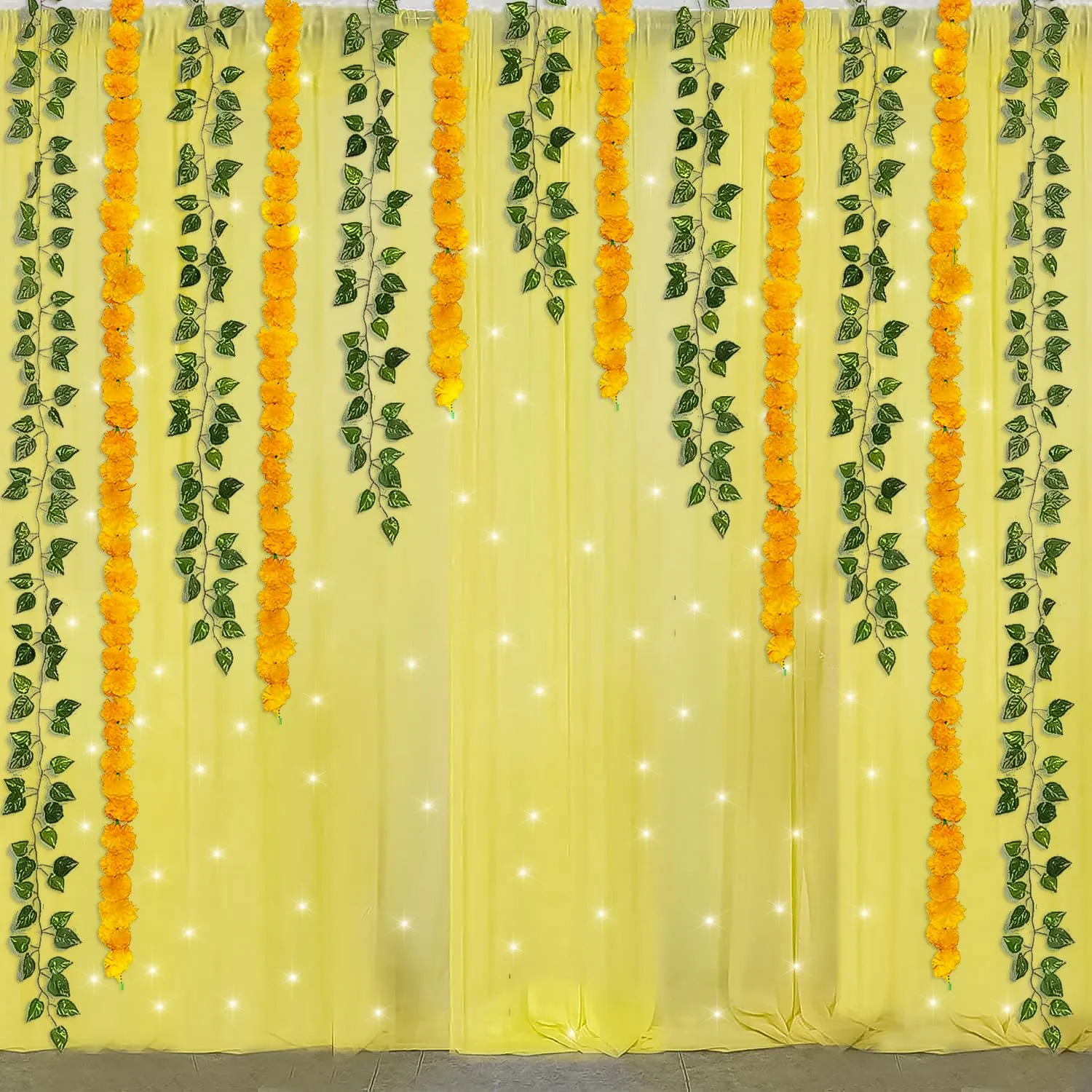 Special You Ganpati Decoration Items for home with Yellow Net curtain backdrop for pooja decoration, Marigold, Green Vines & Light, ganpati decoration mandap-13 Items