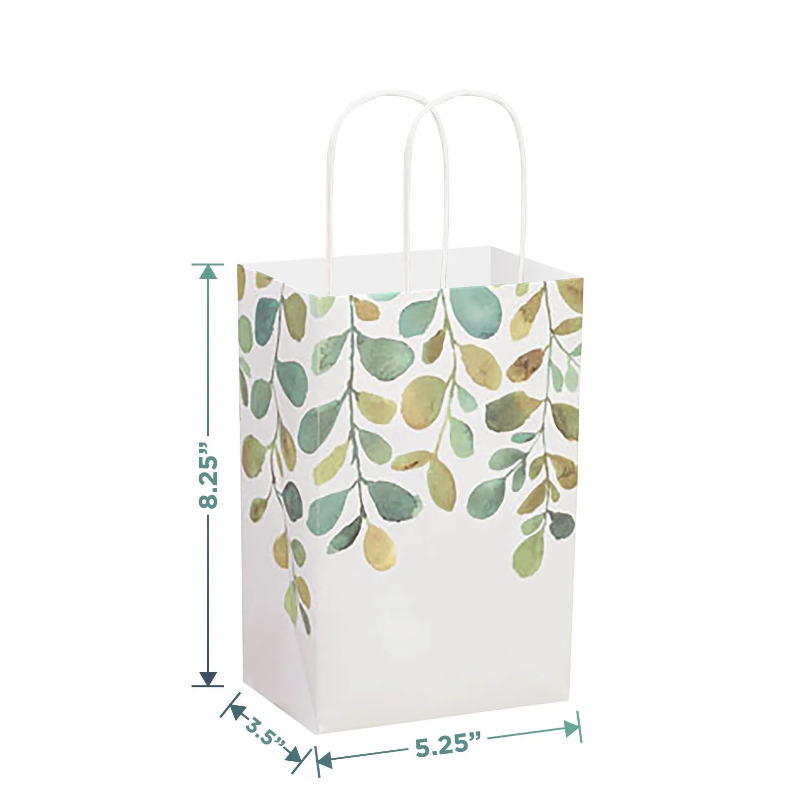 Spring Greenery Watercolor Green Leaf Paper Gift Bags and Party Favor Bags, 5.25"x3.5"x8.25" (12 Pack)