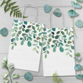 Spring Greenery Watercolor Green Leaf Paper Gift Bags and Party Favor Bags, 5.25"x3.5"x8.25" (12 Pack)