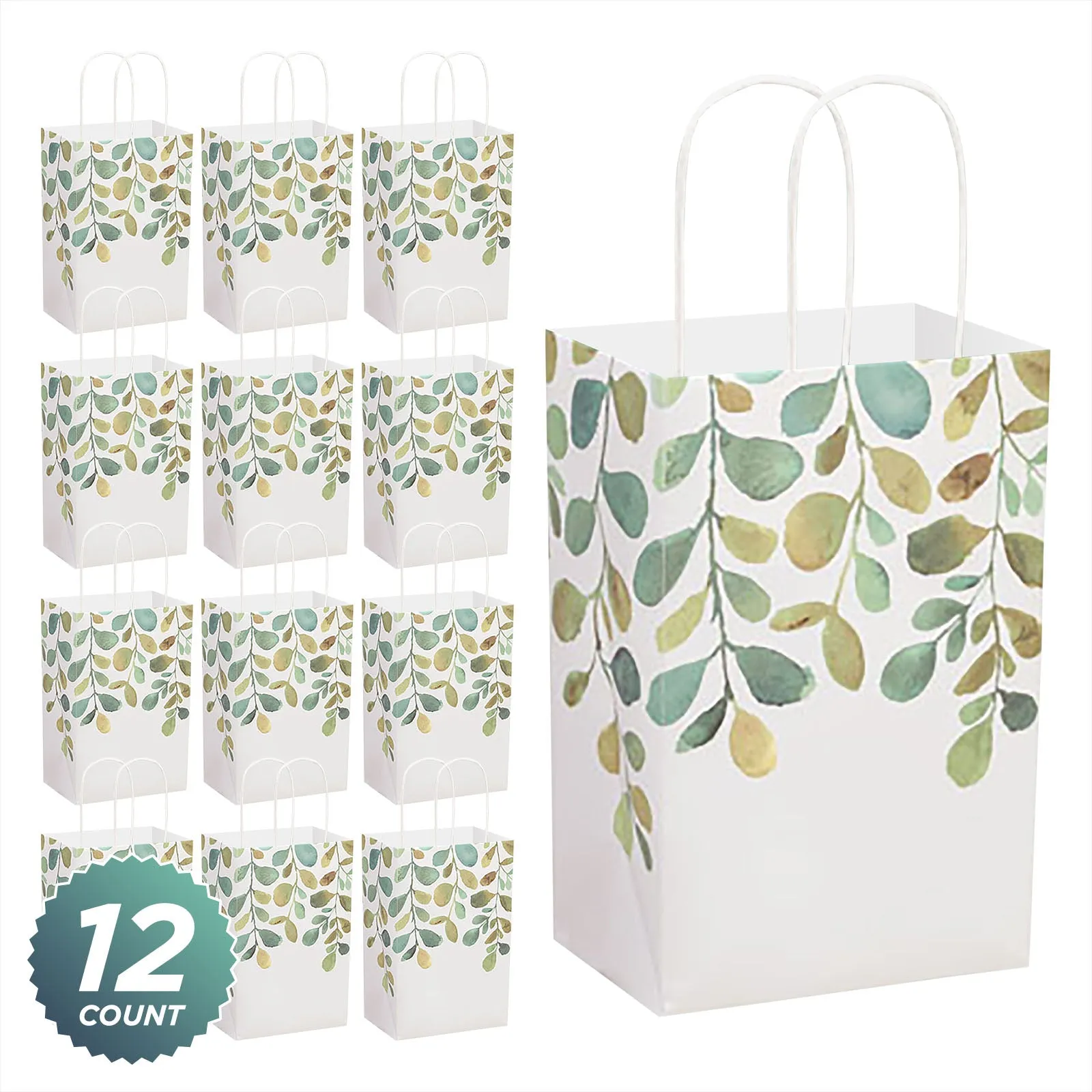 Spring Greenery Watercolor Green Leaf Paper Gift Bags and Party Favor Bags, 5.25"x3.5"x8.25" (12 Pack)