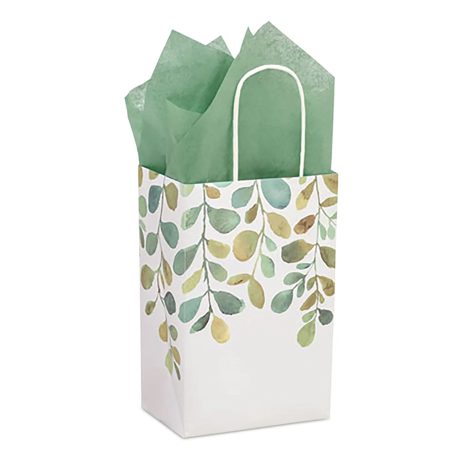 Spring Greenery Watercolor Green Leaf Paper Gift Bags and Party Favor Bags, 5.25"x3.5"x8.25" (12 Pack)