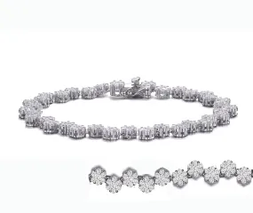 Sterling Silver with Rhodium Plated Clear Round Cubic Zirconia Cluster Flower Link Bracelet