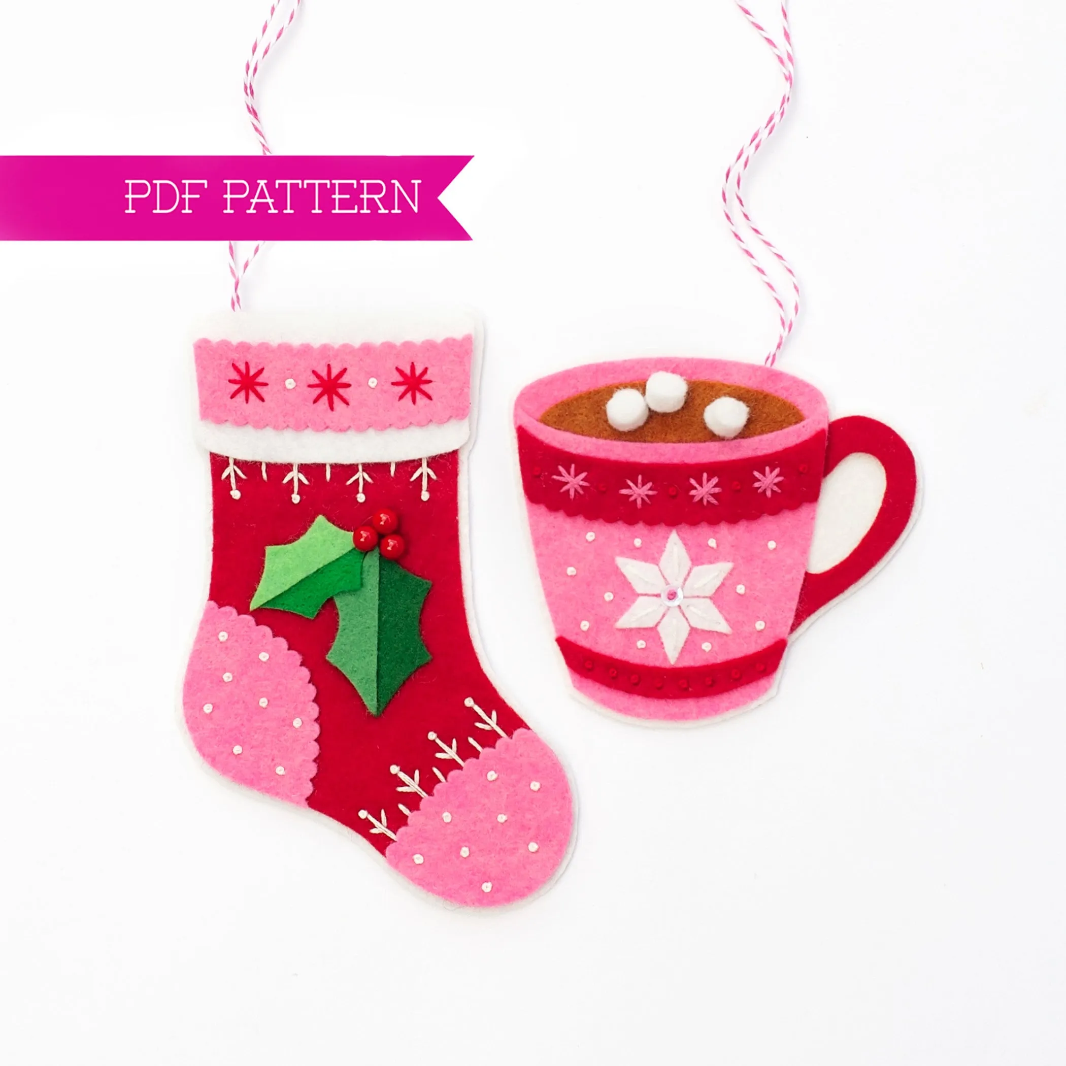 Stocking And Hot Chocolate Wool Felt Ornament PDF Pattern