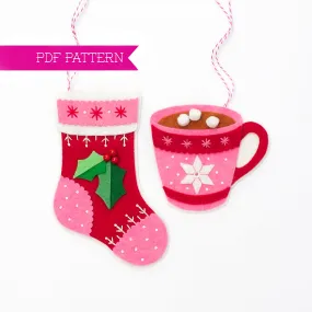 Stocking And Hot Chocolate Wool Felt Ornament PDF Pattern