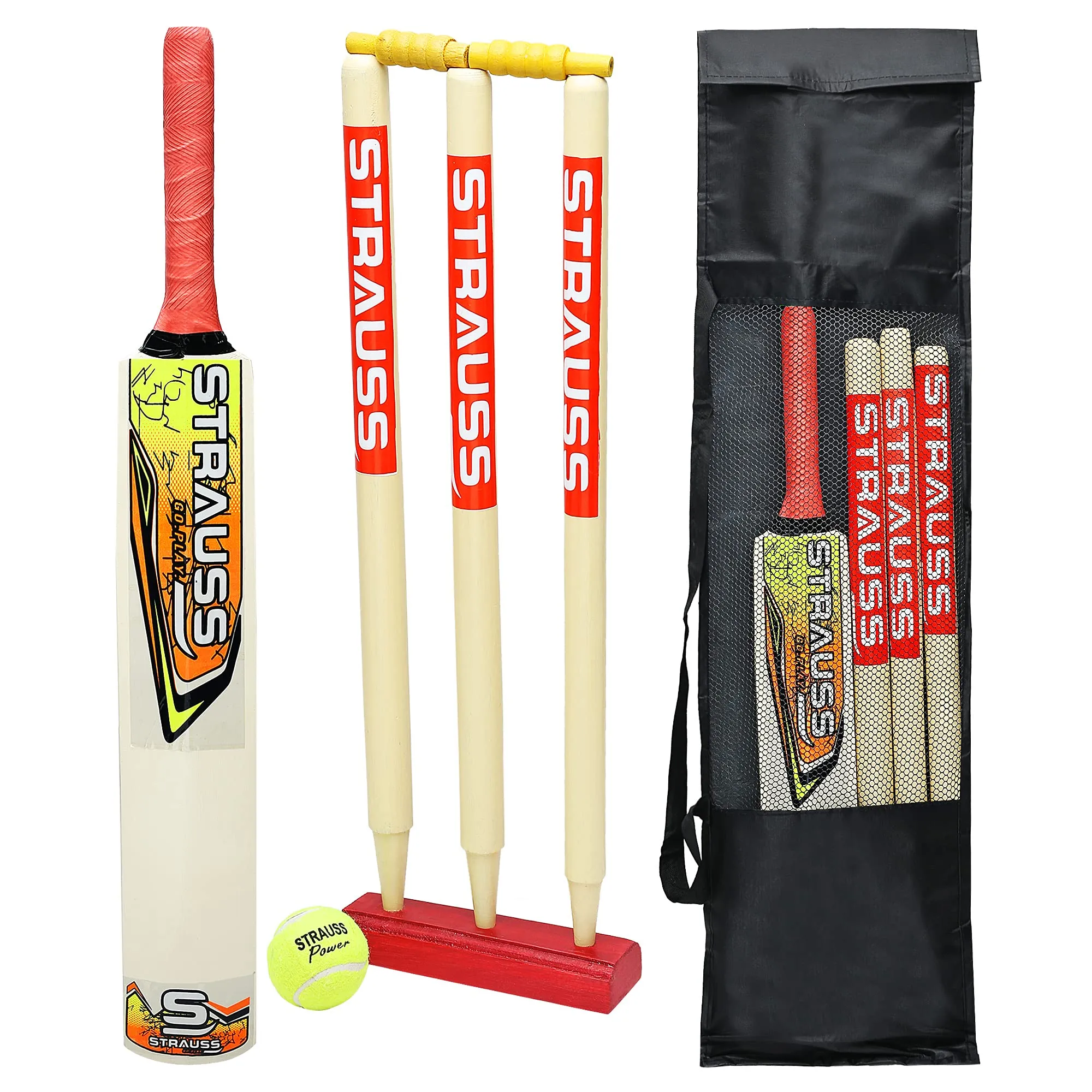 Strauss Cricket Kit |Popular Willow Cricket Bat with 3 Stumps, Holder, 1 Ball, Carry Bag|Complete Junior Cricket Kit |Cricket Kit for Training and Matches |Cricket Starter Kit for Young Players|Size 3