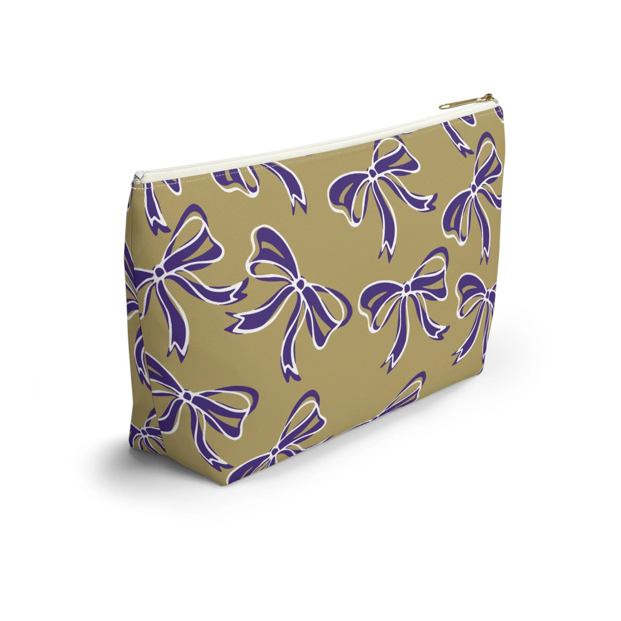 Trendy Bow Makeup Bag - Graduation Gift, Bed Party Gift, Acceptance Gift, College Gift, Purple and Gold, JMU Dukes, James Madison