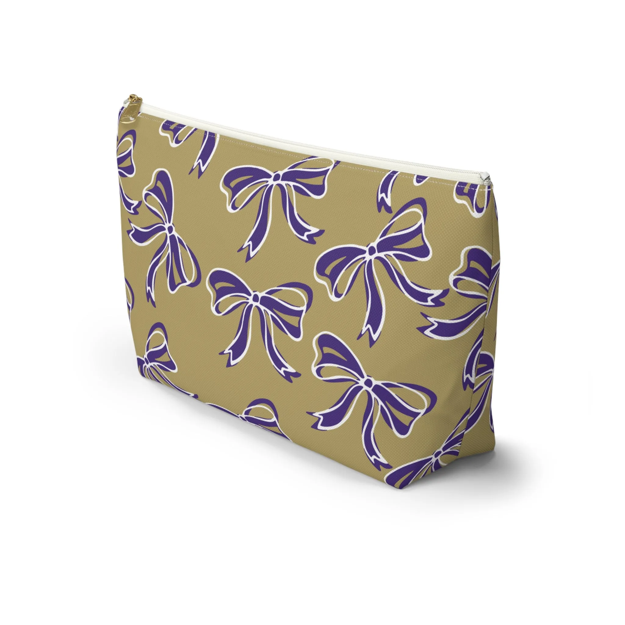 Trendy Bow Makeup Bag - Graduation Gift, Bed Party Gift, Acceptance Gift, College Gift, Purple and Gold, JMU Dukes, James Madison