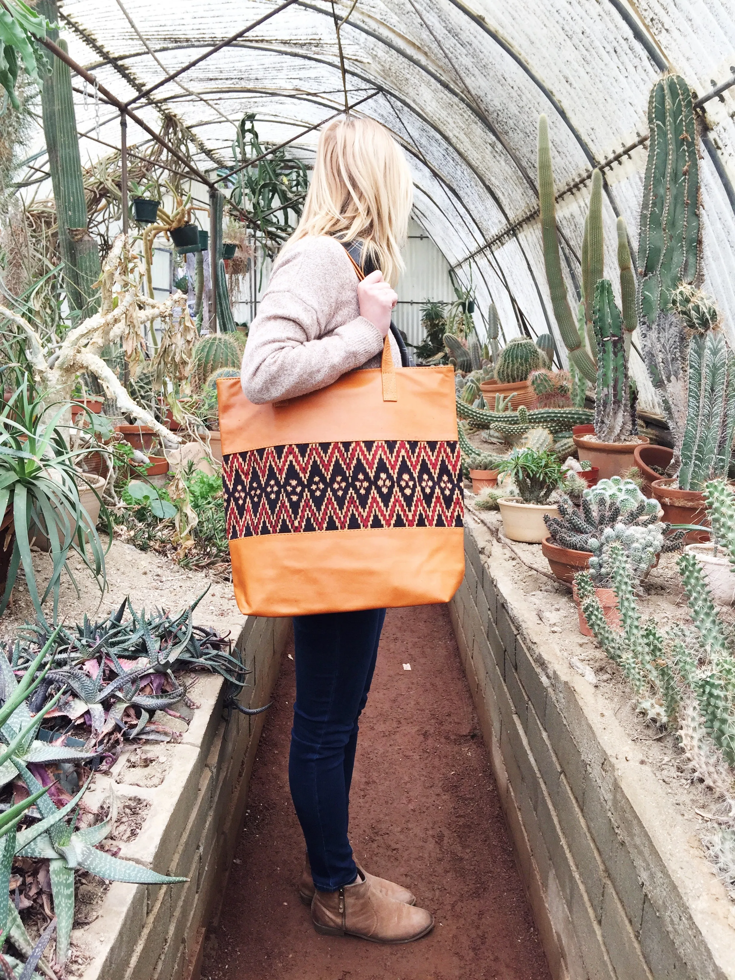 Tribal and Caramel Leather Tote