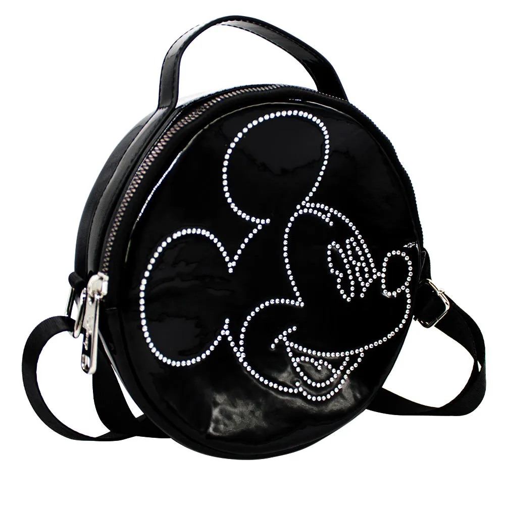 Women's Round Crossbody Bag - Black Patent PU - Mickey Mouse Rhinestone Smiling Face Outline